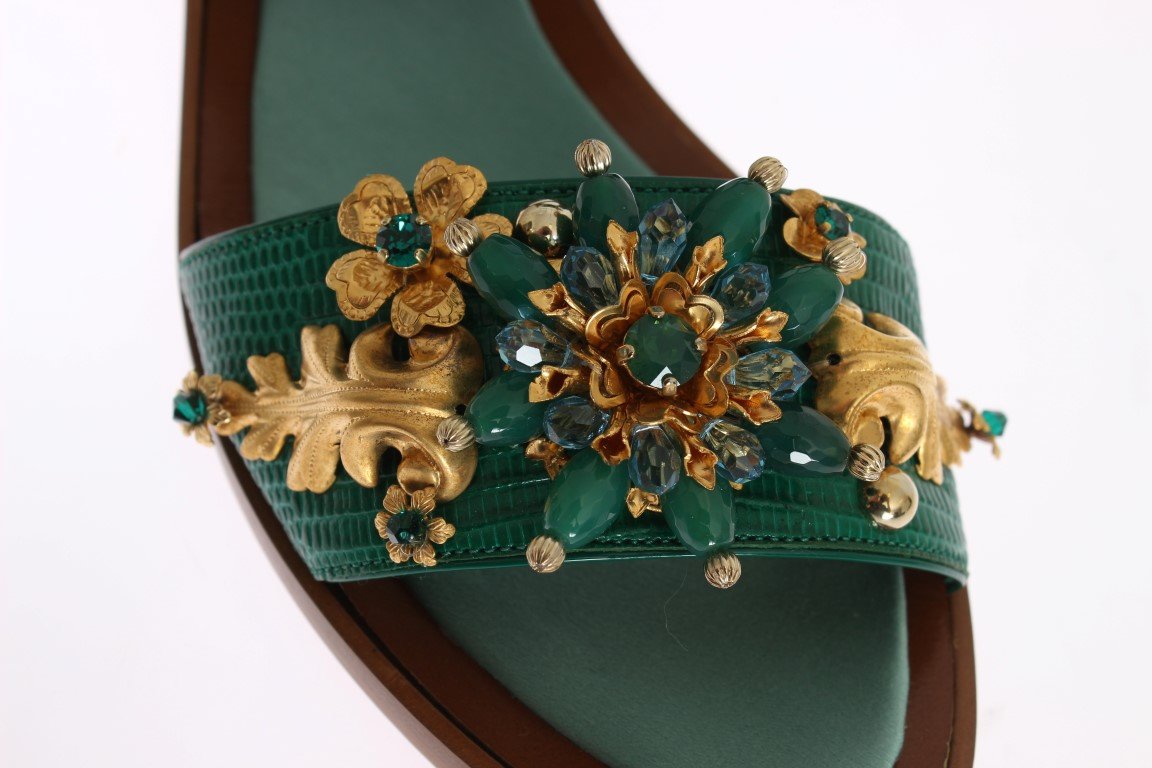 Green Leather Crystal Sandal Shoes