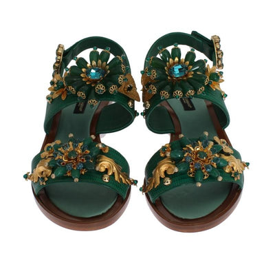 Green Leather Crystal Sandal Shoes