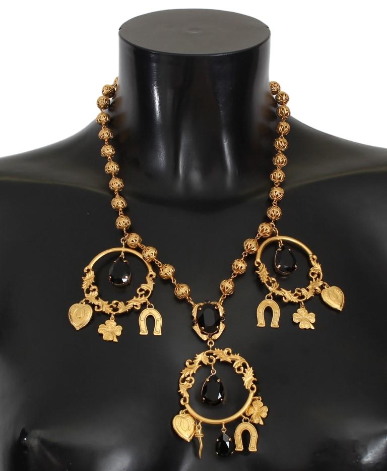 Gold Charm Black Crystal Statement Necklace