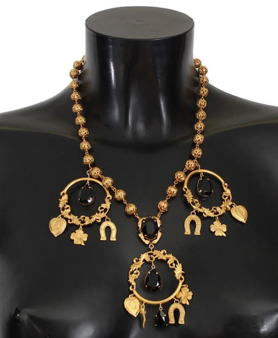 Gold Charm Black Crystal Statement Necklace