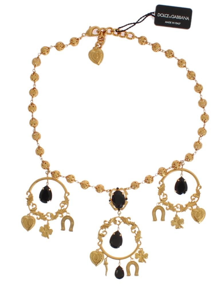 Gold Charm Black Crystal Statement Necklace
