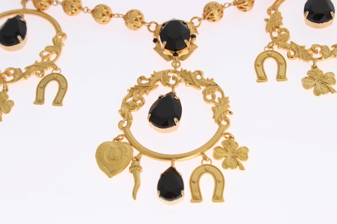 Gold Charm Black Crystal Statement Necklace