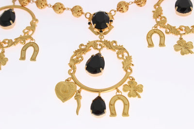 Gold Charm Black Crystal Statement Necklace