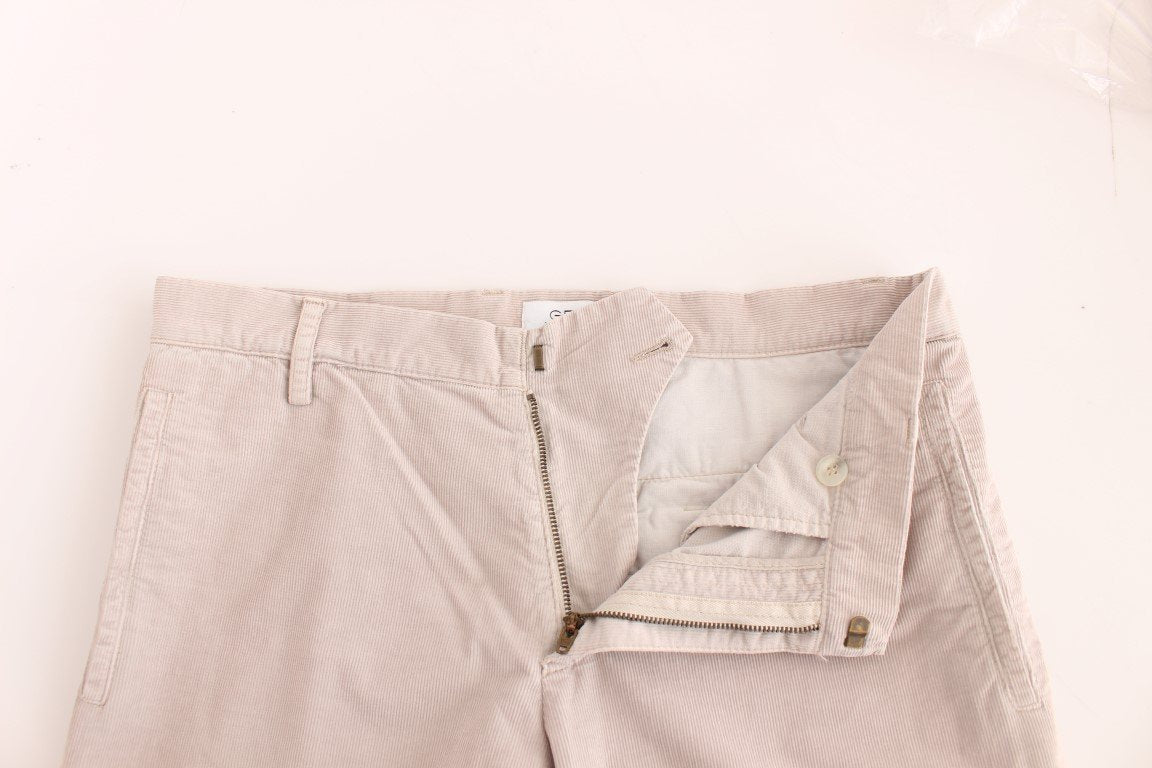 Beige Corduroy Slim Fit Stretch Pants