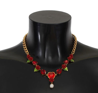 Gold Floral Roses Red Crystal Charms Necklace