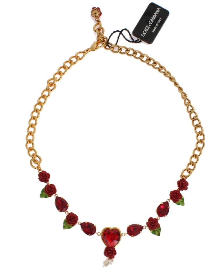 Gold Floral Roses Red Crystal Charms Necklace