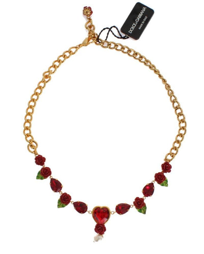 Gold Floral Roses Red Crystal Charms Necklace