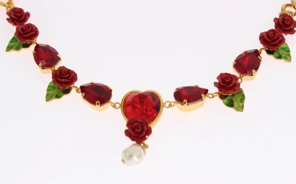 Gold Floral Roses Red Crystal Charms Necklace