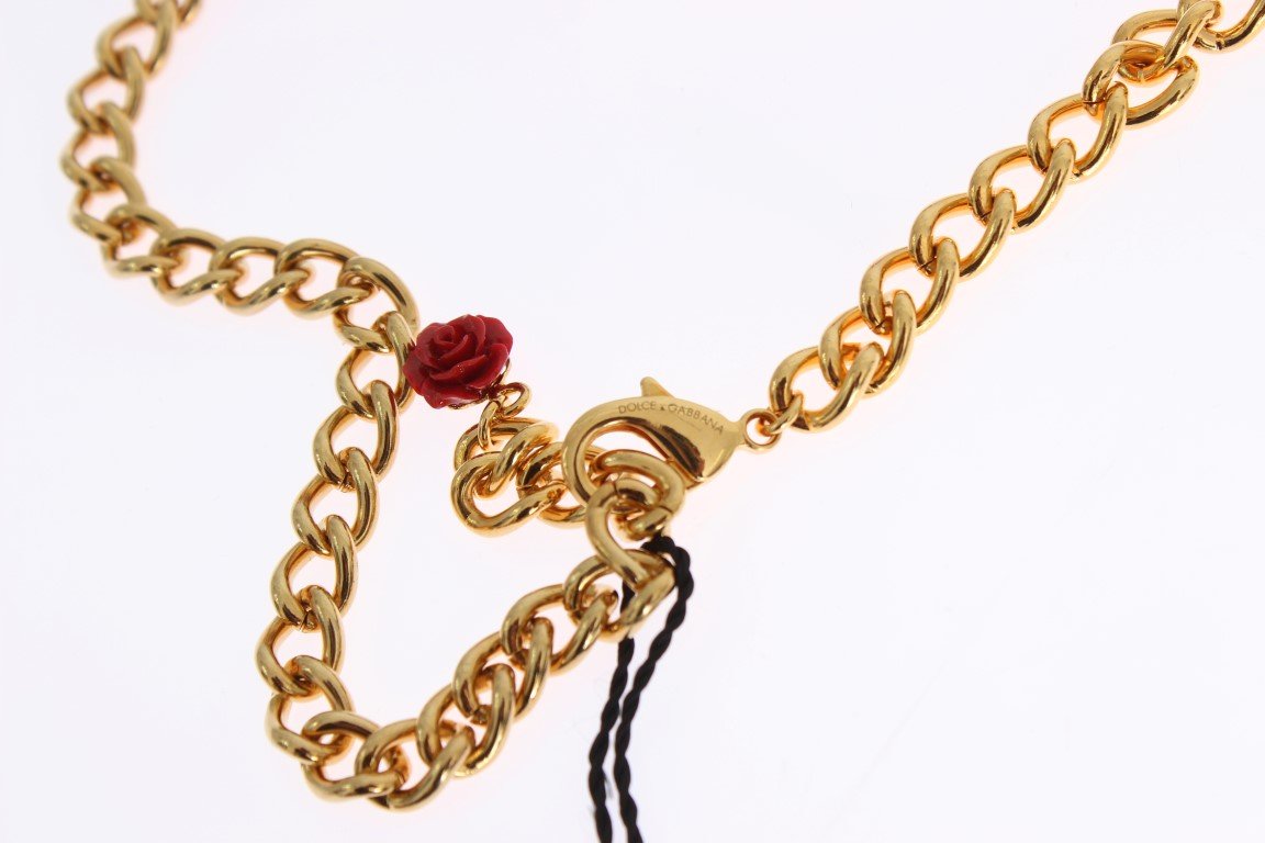 Gold Floral Roses Red Crystal Charms Necklace
