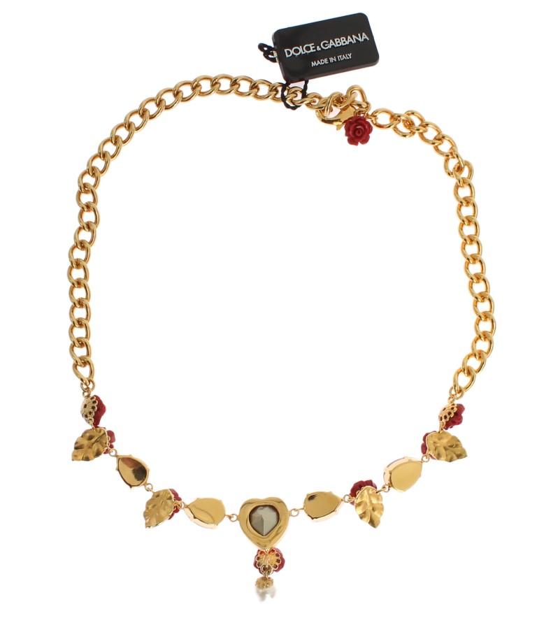 Gold Floral Roses Red Crystal Charms Necklace