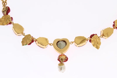 Gold Floral Roses Red Crystal Charms Necklace