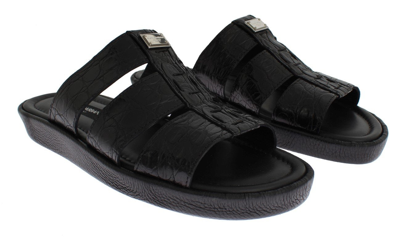 Black Caiman Crocodile Leather Sandal Shoes