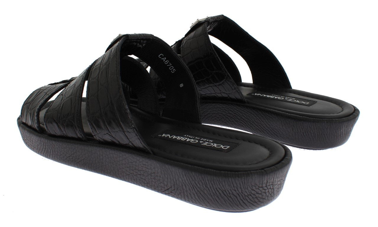 Black Caiman Crocodile Leather Sandal Shoes