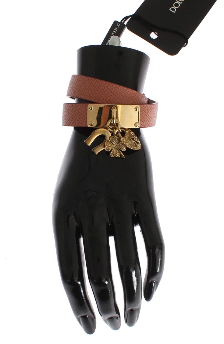 Pink Leather Gold Charms Bracelet