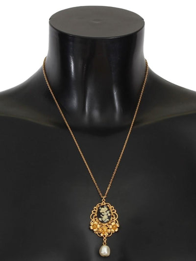 Gold Brass Pearl Floral Crystal Necklace