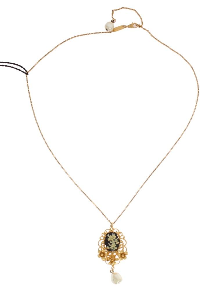 Gold Brass Pearl Floral Crystal Necklace