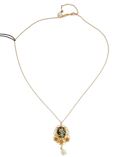 Gold Brass Pearl Floral Crystal Necklace