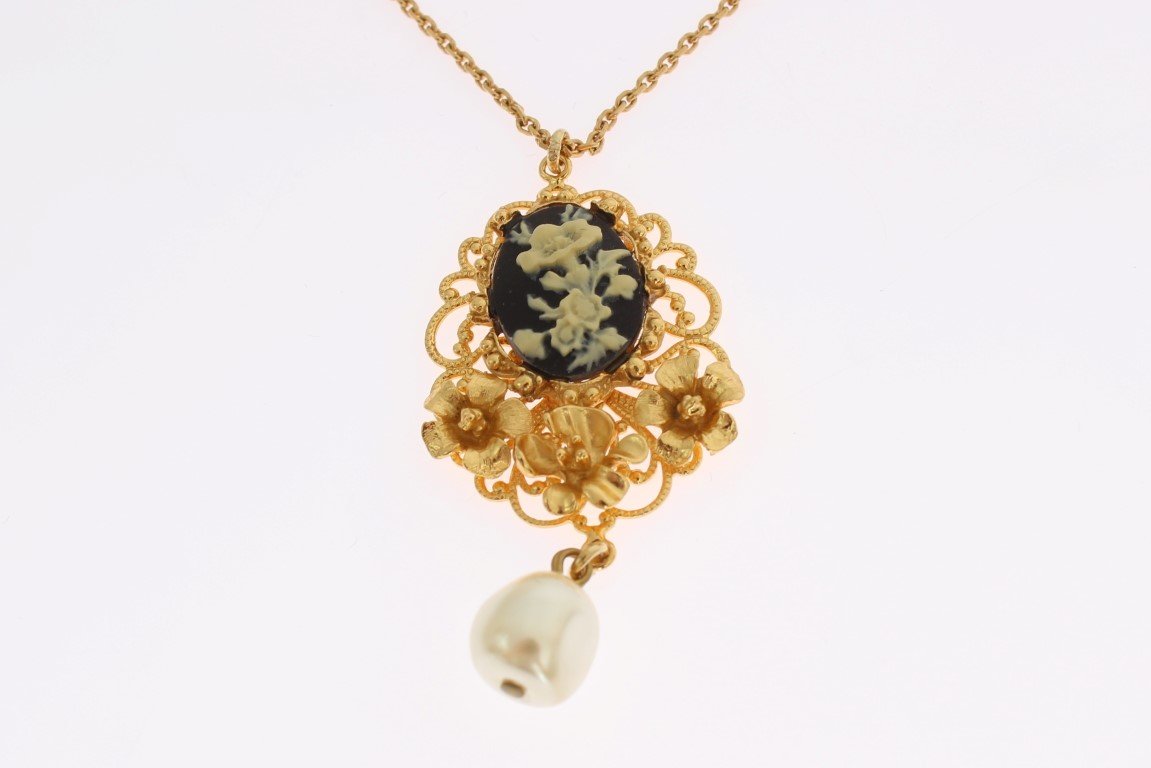 Gold Brass Pearl Floral Crystal Necklace