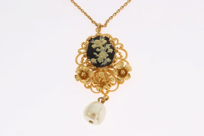 Gold Brass Pearl Floral Crystal Necklace