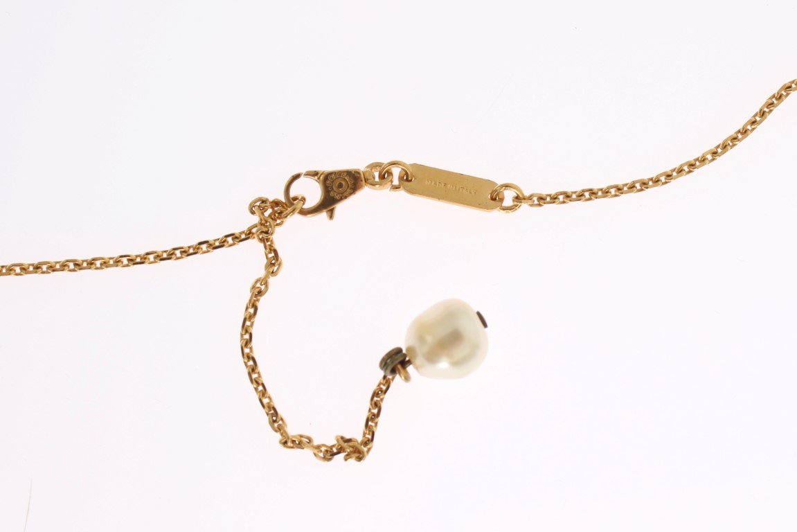 Gold Brass Pearl Floral Crystal Necklace