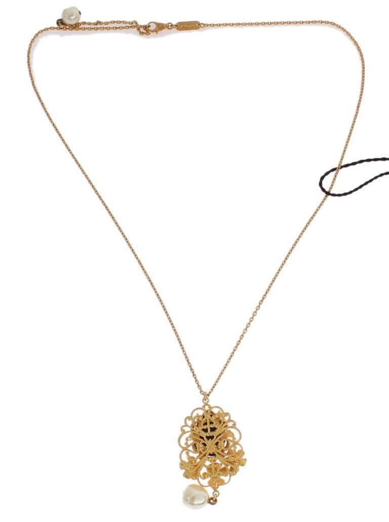 Gold Brass Pearl Floral Crystal Necklace