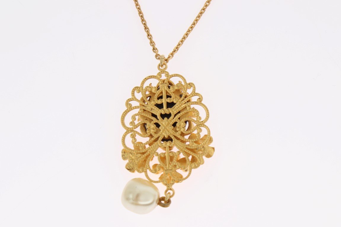 Gold Brass Pearl Floral Crystal Necklace