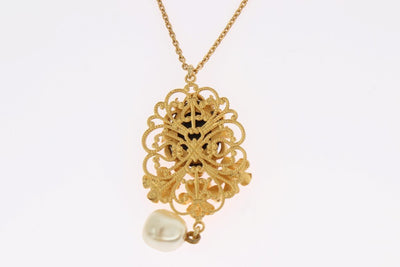 Gold Brass Pearl Floral Crystal Necklace