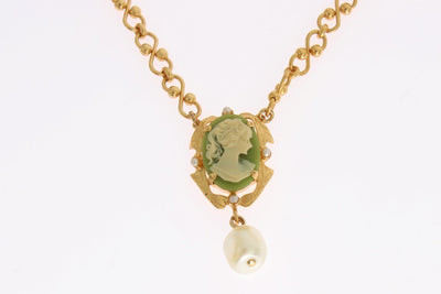 Gold Brass Pearl Floral Crystal Necklace