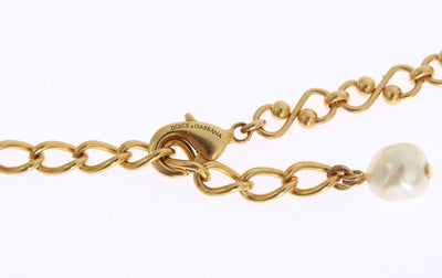 Gold Brass Pearl Floral Crystal Necklace