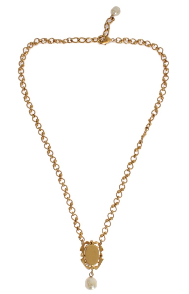 Gold Brass Pearl Floral Crystal Necklace