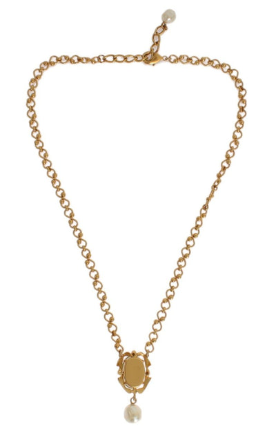Gold Brass Pearl Floral Crystal Necklace