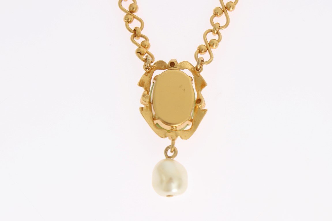 Gold Brass Pearl Floral Crystal Necklace