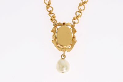 Gold Brass Pearl Floral Crystal Necklace