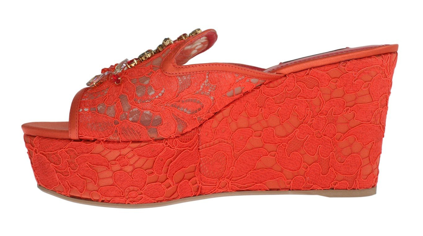 Red Lace Crystal Mules Wedge Sandal Shoes
