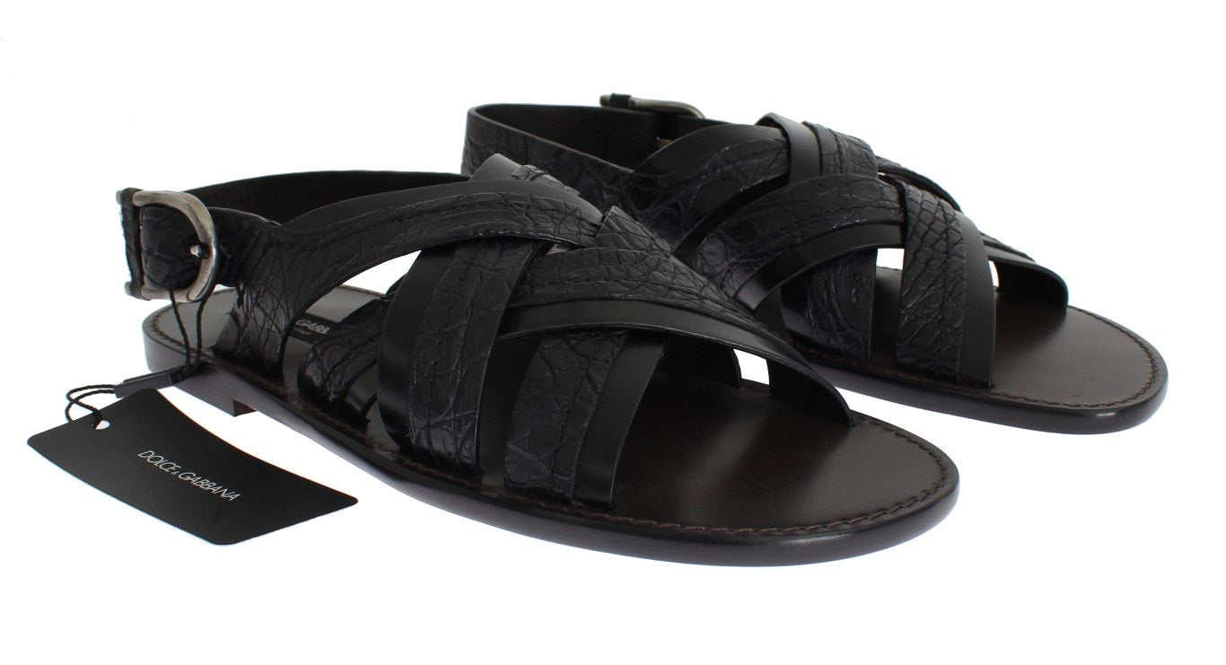 Black Caiman Crocodile Leather Sandal Shoes