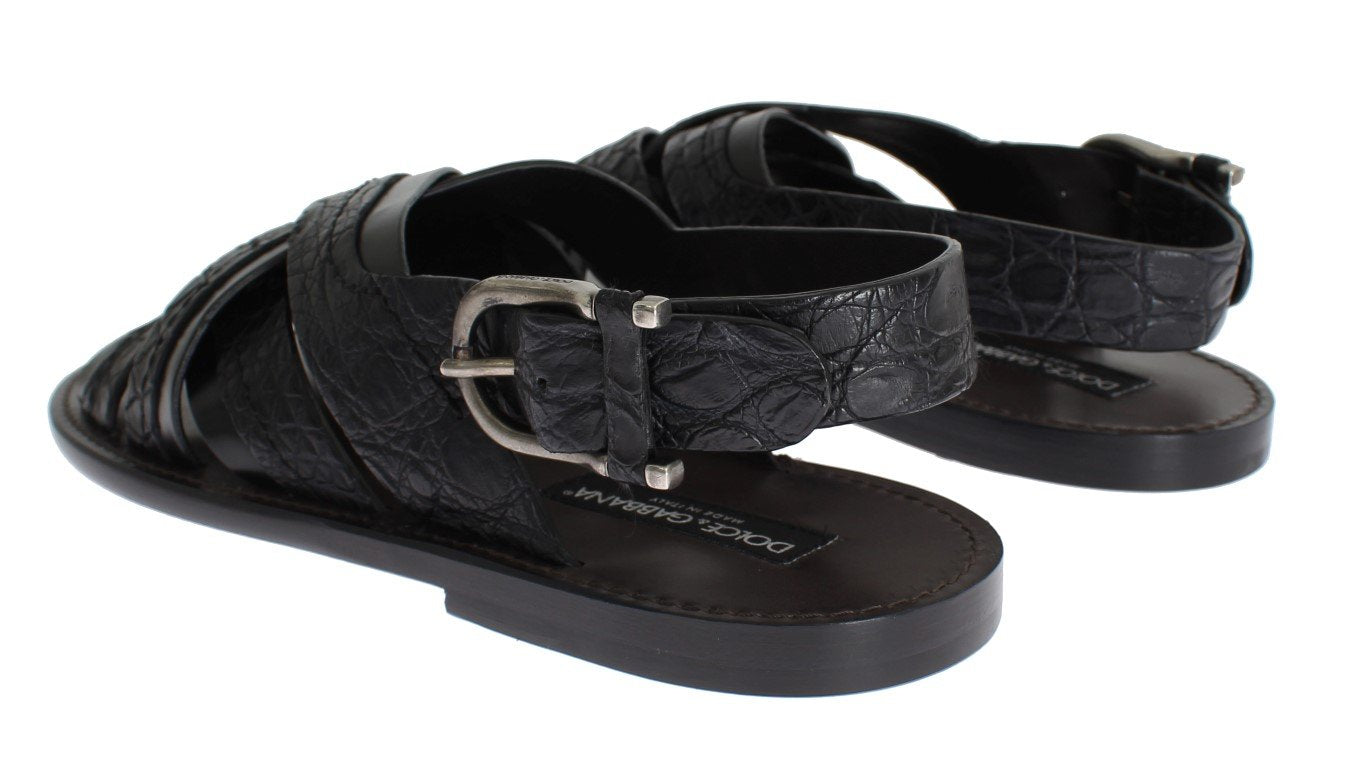 Black Caiman Crocodile Leather Sandal Shoes