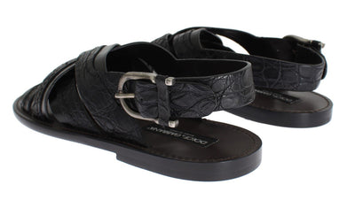 Black Caiman Crocodile Leather Sandal Shoes
