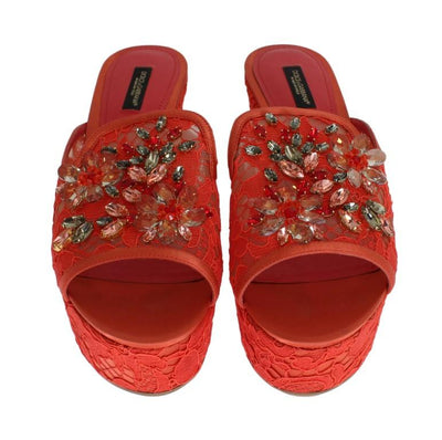 Red Lace Crystal Mules Wedge Sandal Shoes