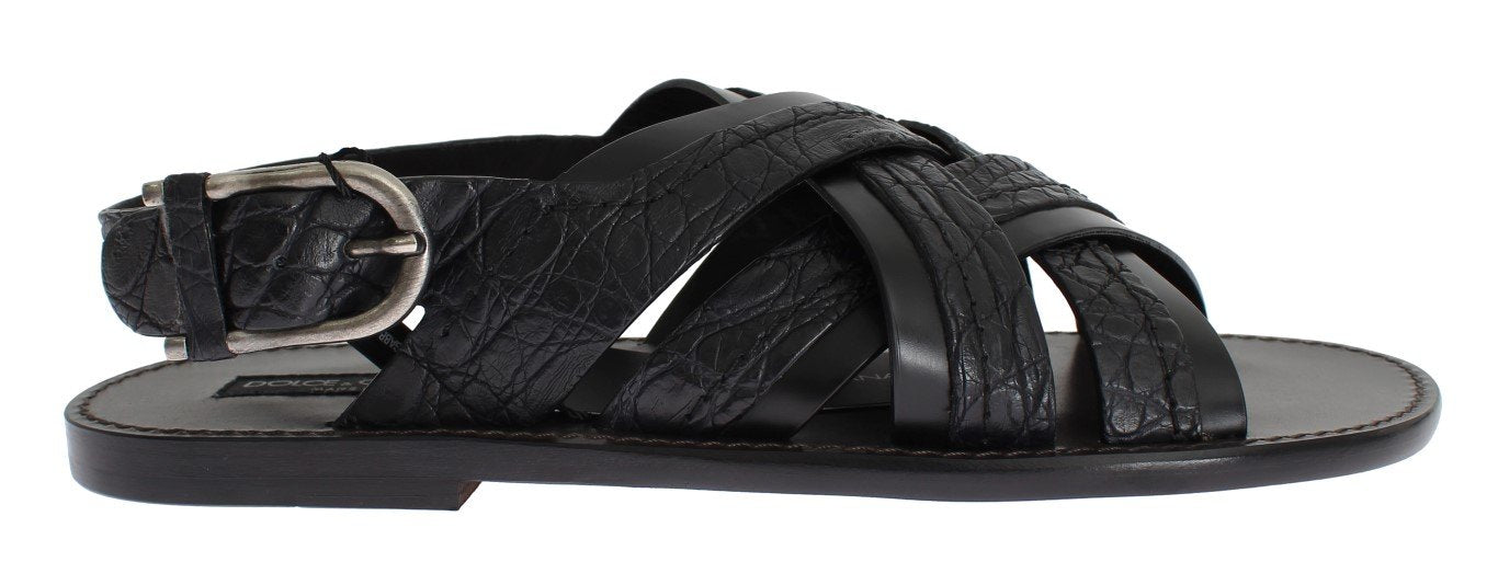 Black Caiman Crocodile Leather Sandal Shoes