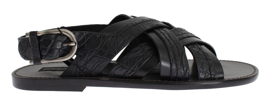 Black Caiman Crocodile Leather Sandal Shoes
