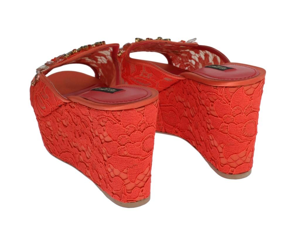 Red Lace Crystal Mules Wedge Sandal Shoes