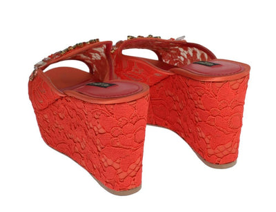 Red Lace Crystal Mules Wedge Sandal Shoes