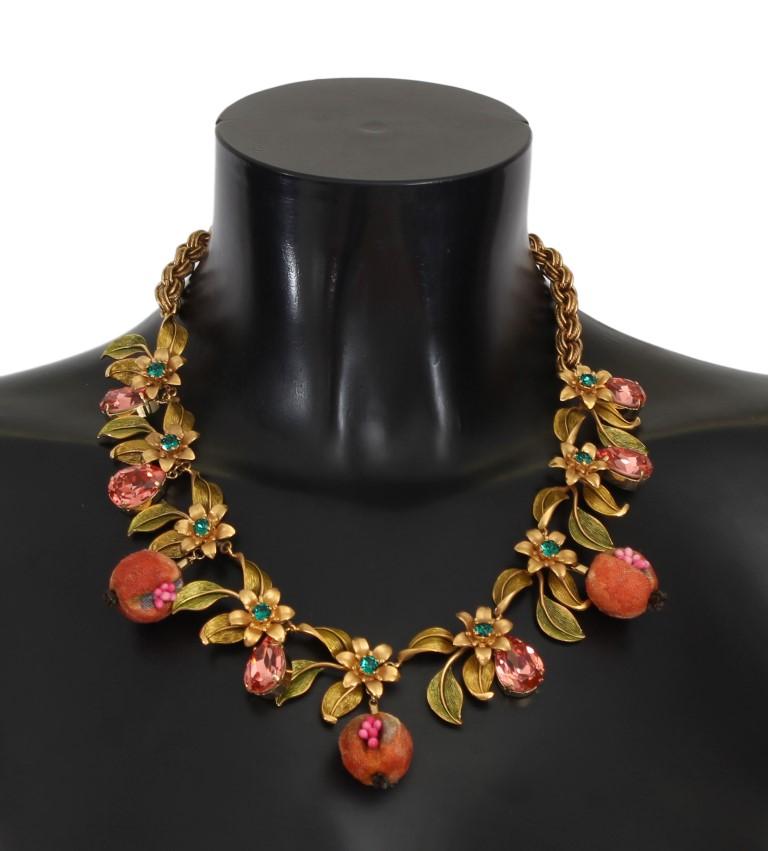 Gold Figs Fruit Floral Crystal Charms Necklace