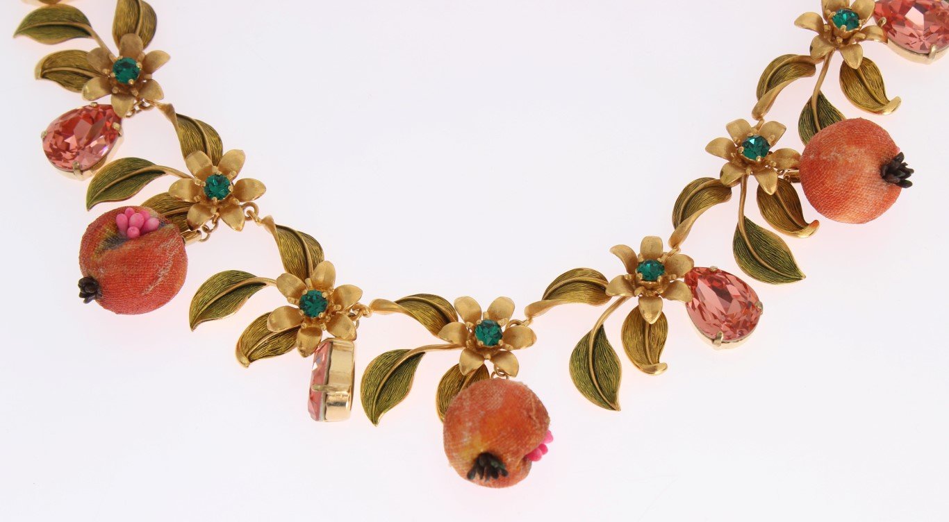 Gold Figs Fruit Floral Crystal Charms Necklace
