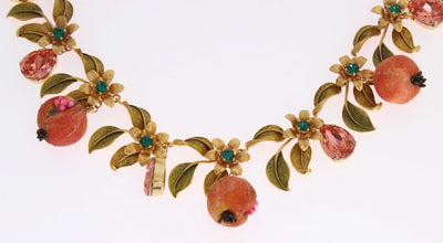 Gold Figs Fruit Floral Crystal Charms Necklace