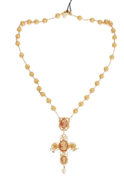 Gold Brass SICILY Cross Pearl Statement Necklace