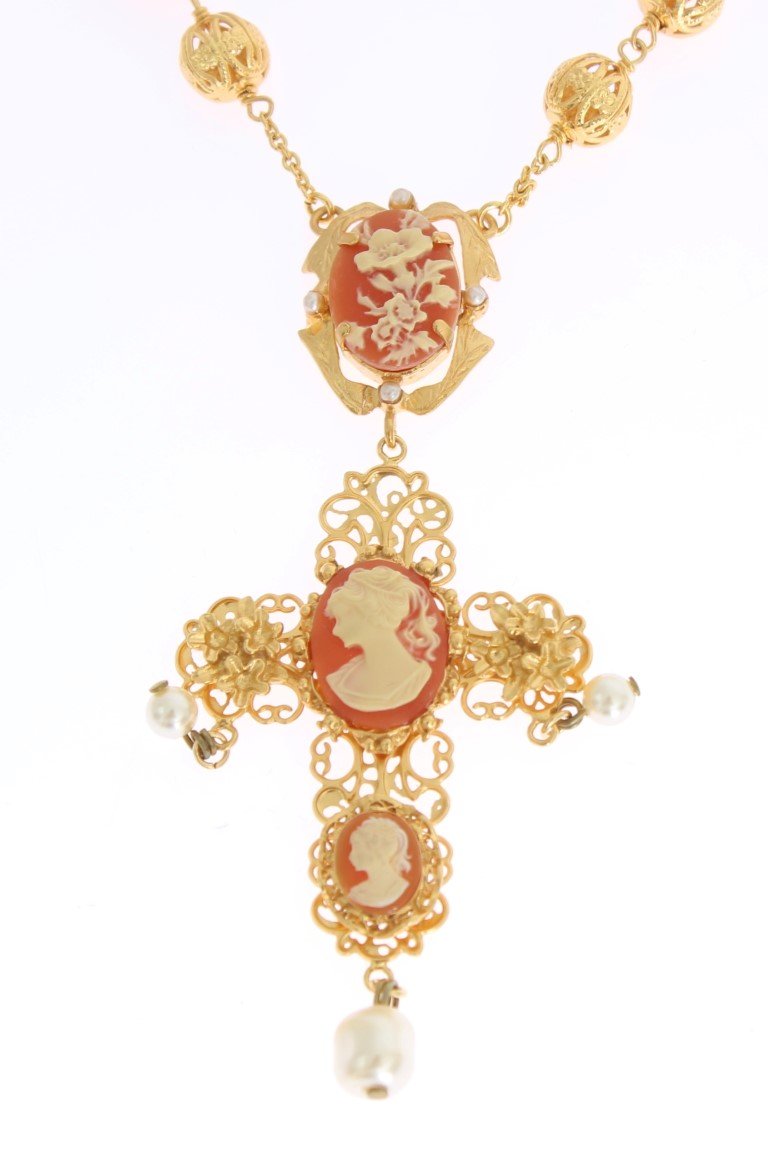 Gold Brass SICILY Cross Pearl Statement Necklace