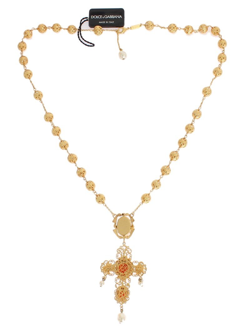Gold Brass SICILY Cross Pearl Statement Necklace
