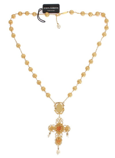 Gold Brass SICILY Cross Pearl Statement Necklace
