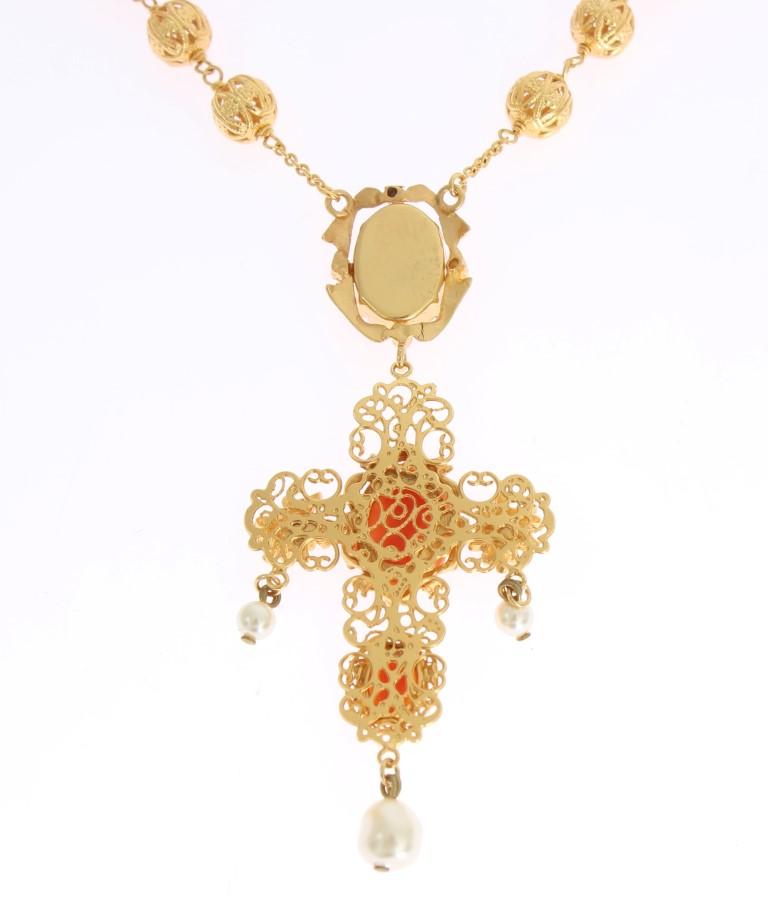 Gold Brass SICILY Cross Pearl Statement Necklace